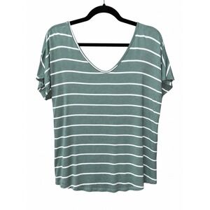 Lovely Melody Womens Large Sage Green White Striped Lace Back Stretch Knit Top